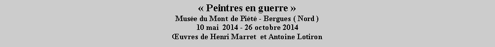 Zone de Texte:  Peintres en guerre   Muse du Mont de Pit - Bergues ( Nord )10 mai  2014 - 26 octobre 2014uvres de Henri Marret  et Antoine Lotiron